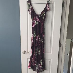 Express Burgundy Floral Maxi Dress with Pink & Green Accents